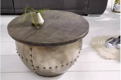Table basse en bois massif manguier gris et métal argenté