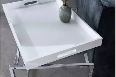 Set de 3 tables basses gigognes avec plateaux amovibles en bois blanc et acier chromé