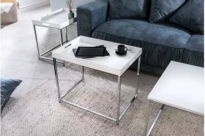 Set de 3 tables basses gigognes avec plateaux amovibles en bois blanc et acier chromé