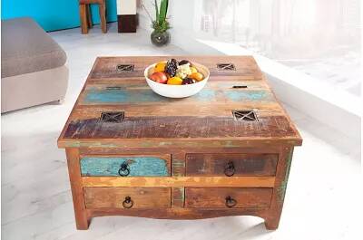 Table basse en bois massif recyclé multicolore 4 tiroirs