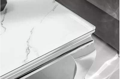 Table basse en verre aspect marbre et acier inoxydable chromé L100