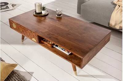 Table basse en bois massif acacia marron 2 tiroirs