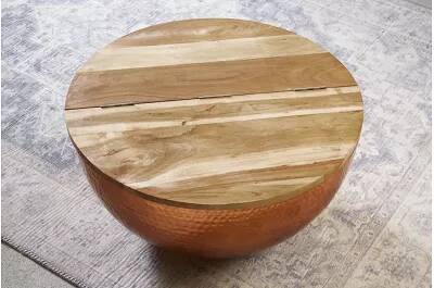 Table basse en aluminium cuivré et bois massif acacia avec espace de rangement Ø70