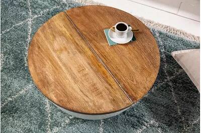 Table basse en aluminium blanc et bois massif acacia avec espace de rangement Ø60