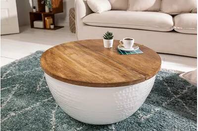 Table basse en aluminium blanc et bois massif acacia avec espace de rangement Ø60