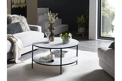 Table basse en verre double plateau aspect marbre blanc et métal noir Ø80