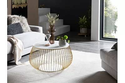 Table basse design en verre aspect marbre blanc et métal doré Ø72