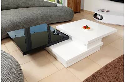 Table basse design plateau pivotant blanc et noir laqué L120