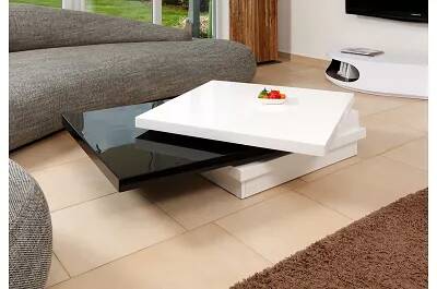 Table basse design plateau pivotant blanc et noir laqué L120