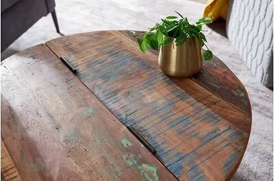 Table basse en bois massif manguier et métal blanc avec coffre de rangement Ø60