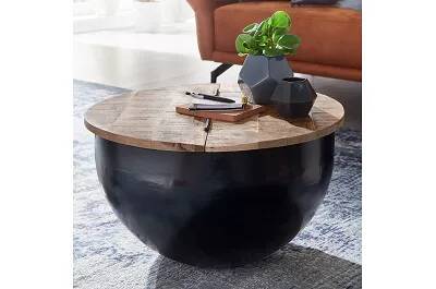 Table basse en métal noir et bois massif manguier avec coffre de rangement