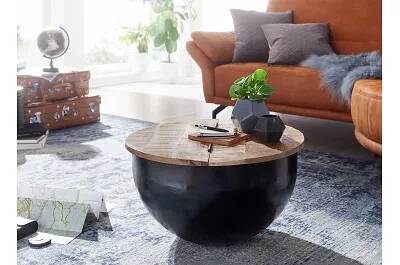 Table basse en métal noir et bois massif manguier avec coffre de rangement Ø60