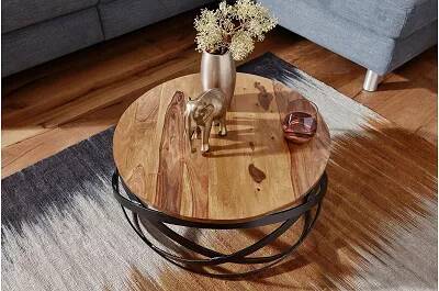 Table basse design en bois massif sheesham et métal noir mat Ø60