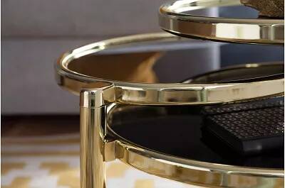 Table basse design 3 plateaux en verre trempé noir et acier doré