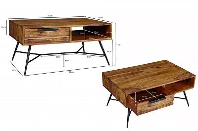 Table basse industrielle bois massif sheesham et métal noir mat 1 niche 1 tiroir Nelius