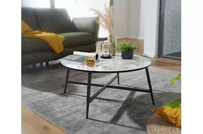 Table basse design aspect marbré blanc et acier noir mat Ø88