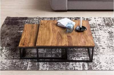 Set de 2 tables basses gigognes industriel bois massif sheesham et métal noir Adria