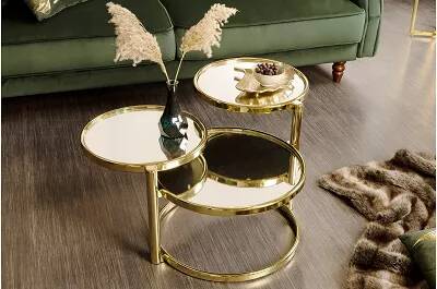 Table basse design en verre miroir et métal doré 3 plateaux