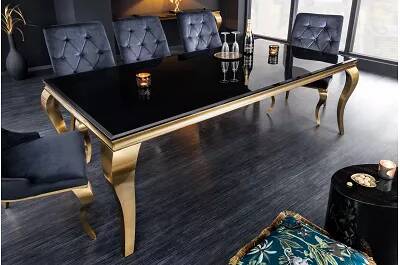 Table de salle à manger en verre noir et acier doré 180x90