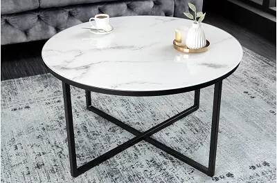 Table basse en verre aspect marbre blanc et métal noir