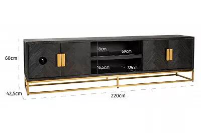 Meuble TV design en bois chêne noir et acier doré 4 portes et 2 compartiments ouverts