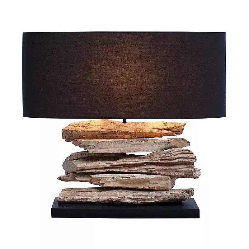 Lampe de table en lin noir et bois flotté H50