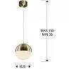 Lampe suspension design à LED en métal doré Ø20