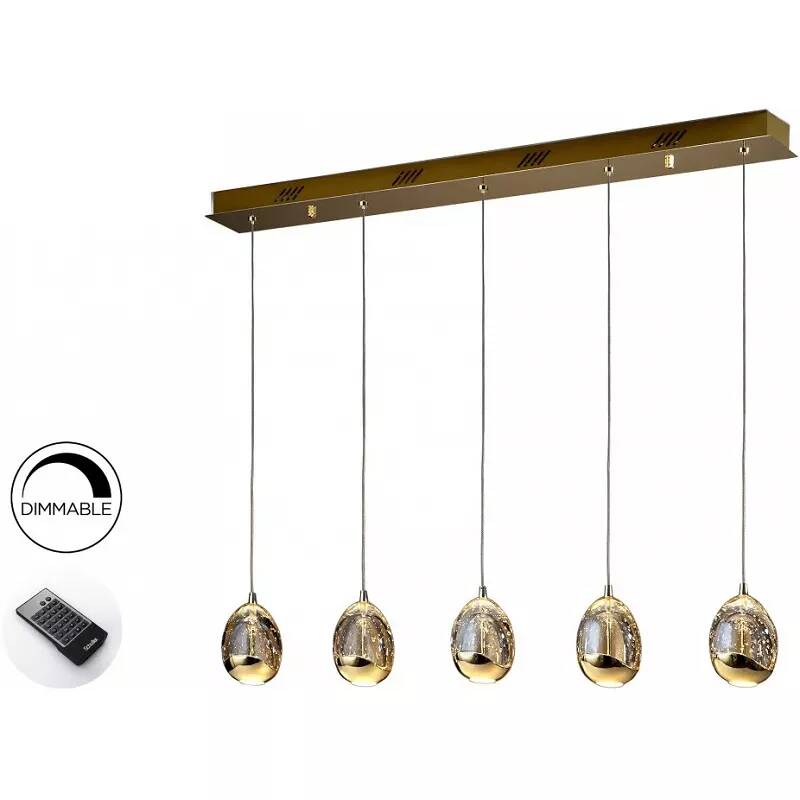 Lampe suspension design à LED dimmable avec télécommande en verre champagne et métal doré