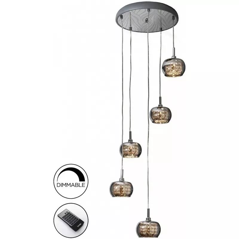 Lampe suspension design à LED dimmable avec télécommande en verre gris fumé et acier chromé Ø43