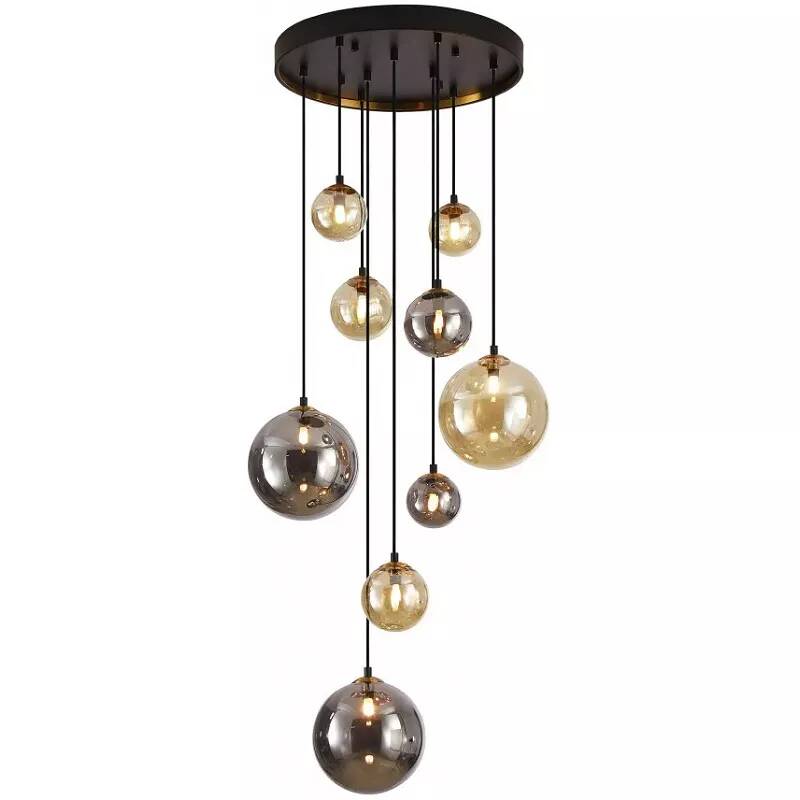 Lampe suspension design à LED en verre ambre et gris fumé miroir et métal noir mat et laiton satiné Ø55