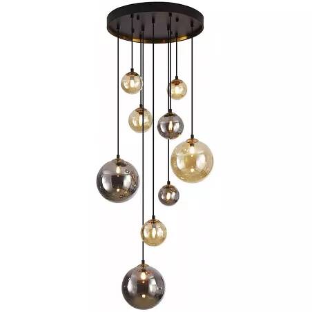 Lampe suspension design à LED en verre ambre et gris fumé miroir et métal noir mat et laiton satiné Ø55