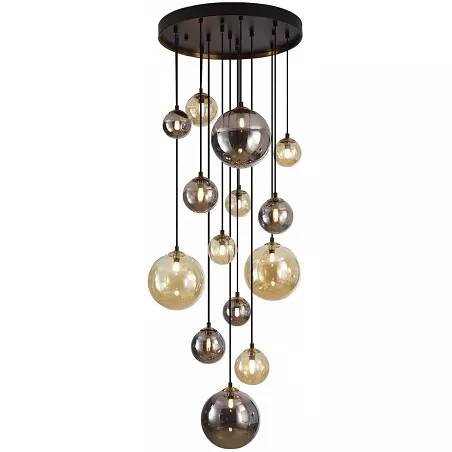 Lampe suspension design à LED en verre ambre et gris fumé miroir et métal noir mat et laiton satiné Ø60