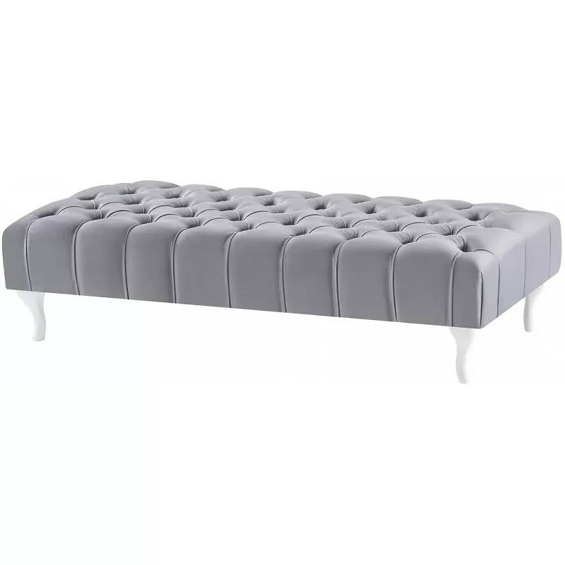 Table basse en velours capitonné gris et bois de hêtre blanc 60x60