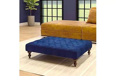 Table basse en velours capitonné bleu marine et bois de hêtre wengé 60x60
