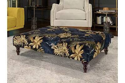 Table basse en tissu feuilles bleu et doré et bois de hêtre wengé 80x60