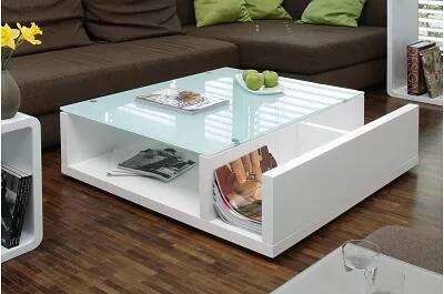 Table basse design blanc laqué et verre opaque L100