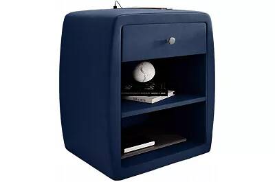Table de chevet en velours bleu avec 2 ports 1 tiroir et 1 étagère